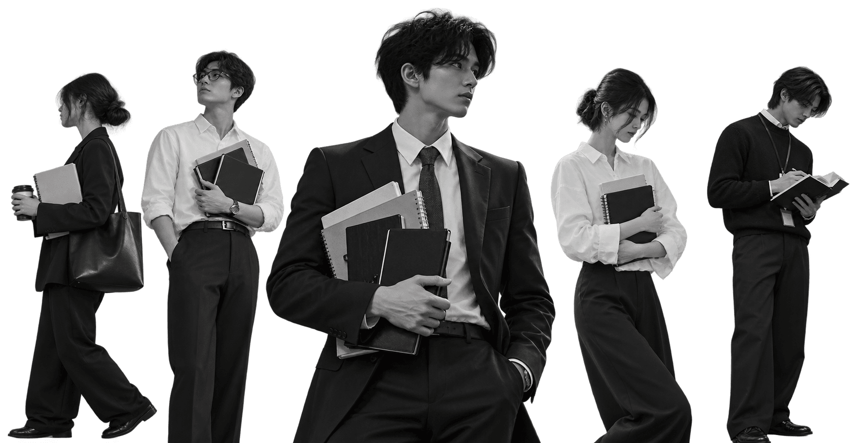 Five models carrying Colour Press notebooks